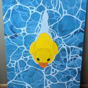 Yellow Rubber Duck On Water Painting On Acrylic - Semi-abstract
